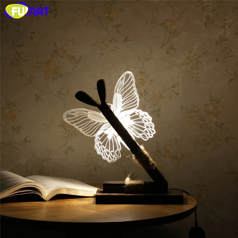 

FUMAT 3D Acrylic Butterfly Lamp Creative Lovely Butterfly Wooden Base Decor Bedside Table Lamp Table Lampara Xmas Gift Brithday