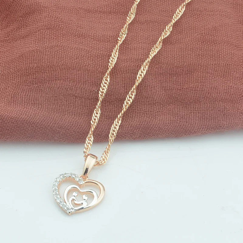 FJ для женщин и девочек 585 розовое полубелое Золото Цвет двойное сердце кристалл кулон ожерелье
