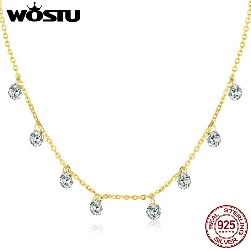 

WOSTU Authentic 925 Sterling Silver Little Zircon Necklace 2019 Simple Design Golden Color Necklace Wedding Party Gift SCN299-b