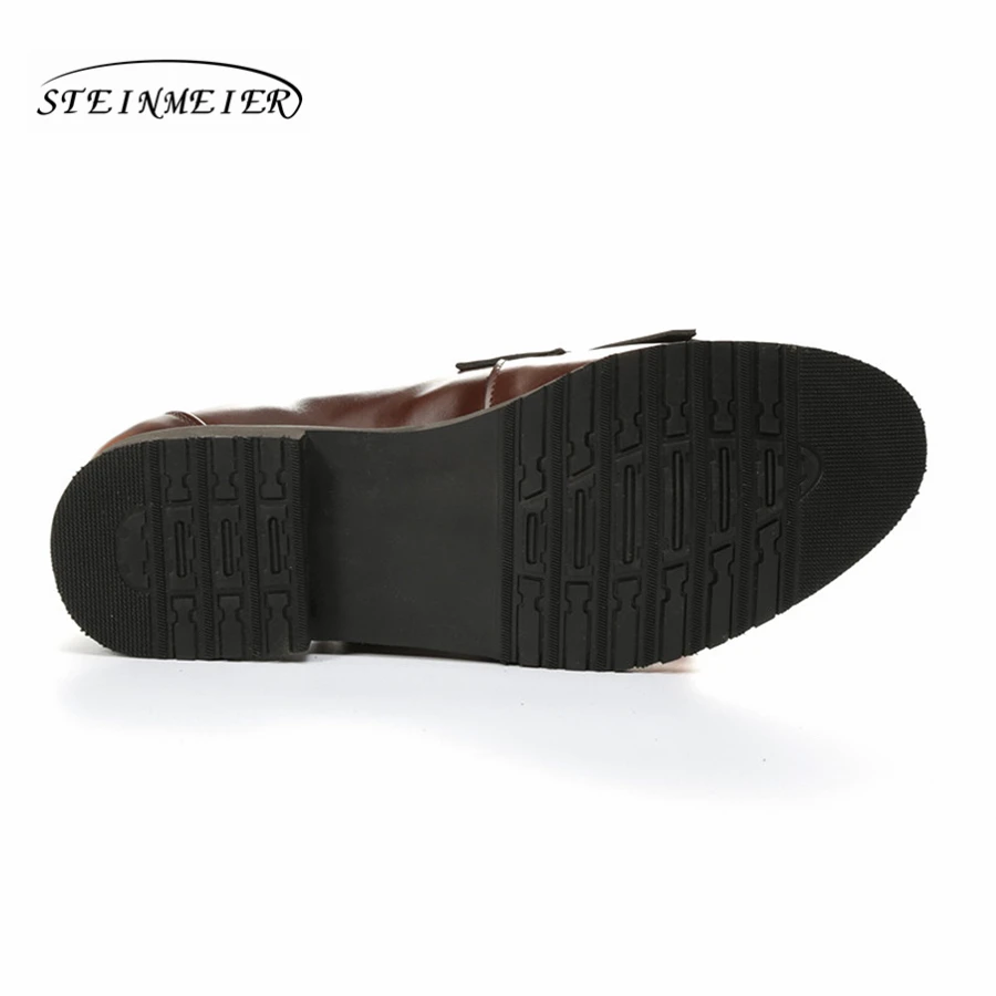women flat casual shoes 100% genuine cowskin leather bow tassel black brown flat round toe handmade retro brogue handmade shoes Women's Shoes