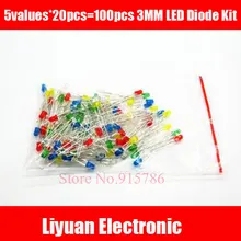 100 шт 3 мм светодиодный набор диодов смешанный цвет красный зеленый желтый, синий, белый 5 цветов s* 20 шт = 100 шт диодный свет Ассорти Комплект