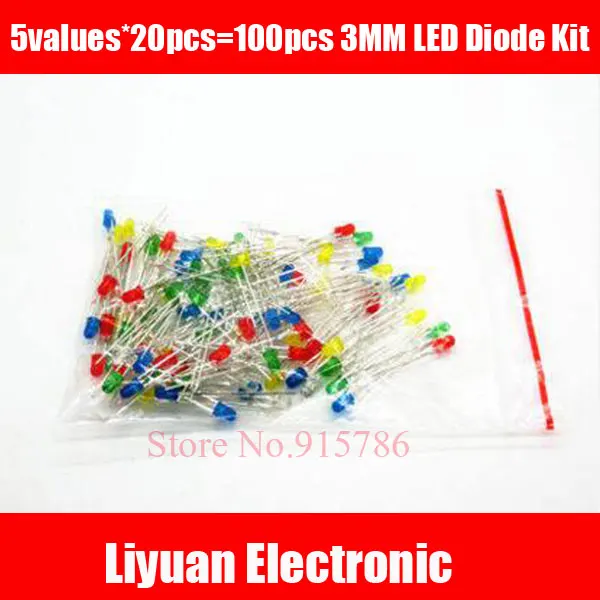 

100Pcs 3MM LED Diode Kit Mixed Color Red Green Yellow Blue White 5Colors*20PCS=100PCS diode Light Assorted Kit
