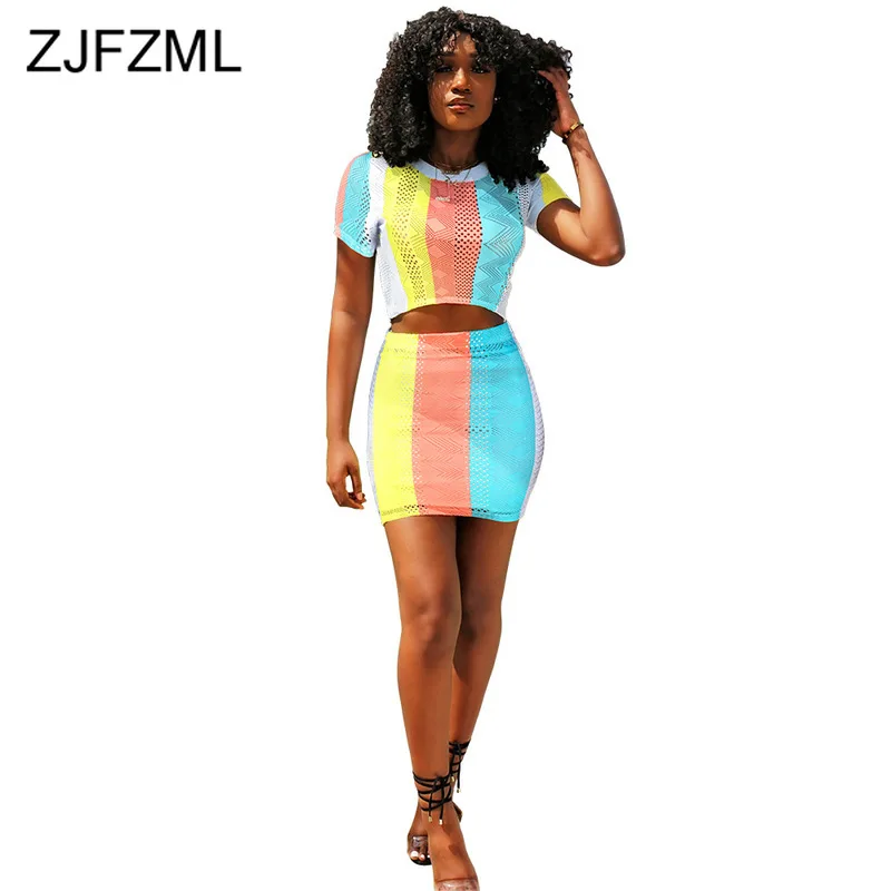 

Rainbow Striped 2 Piece Matching Set Women Hollow Out Short Sleeve Crop Top And Bodycon Mini Skirts Sweatsuit Summer Club Outfit