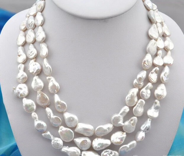 

FREE shipping>>>>3row 20" 19mm baroque white freshwater pearl necklace 6.07