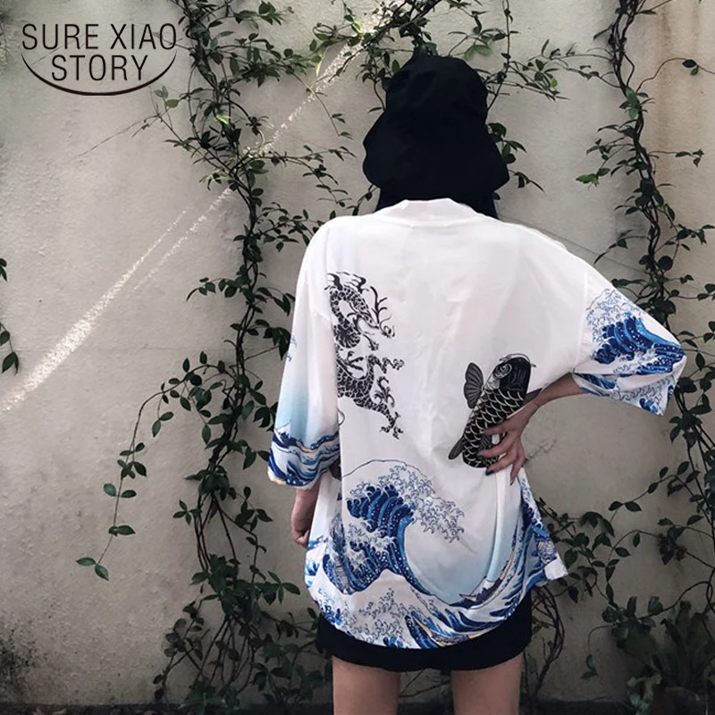 Новинка 2018 Лето Harajuku Ukiyo e окрашенные женские куртки халат красивое кимоно