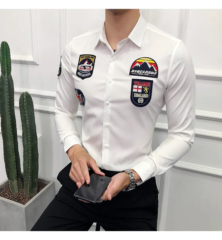 Дизайнерские рубашки с значком, Мужская корейская модная классическая рубашка с длинным рукавом, Мужская Однотонная рубашка, повседневная приталенная рубашка