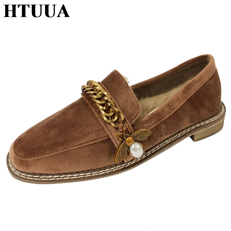 

HTUUA Autumn Winter Bee Flat Shoes Women Casual Shoes High Quality Warm Plush Rabbit Fur Shoes Espadrilles Loafers SX1755