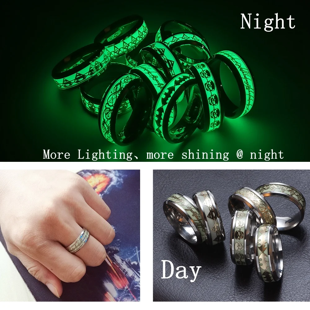 10pcs Wholesale Gold/Silver Lord Ring Pattern Luminous Stainless Steel Ring Luminescent Punk Ring Jewelry For Unisex JZ0531
