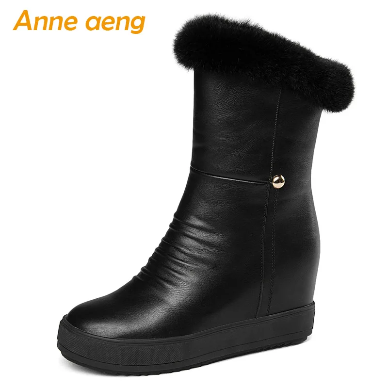 

2018 New Winter Women Snow Boots Wedge Heel Round Toe Rabbit Fur Zipper Sexy Ladies Women Platform Shoes Black Ankle Boots