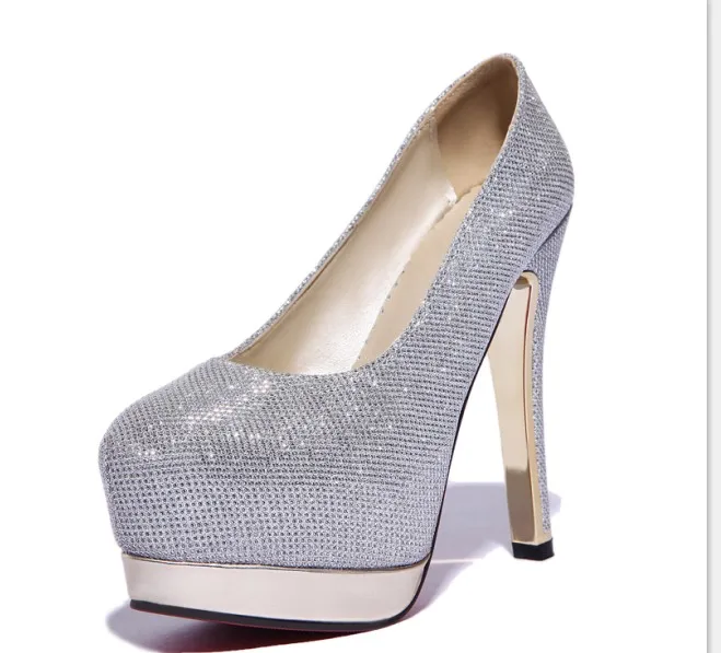 Женские туфли-лодочки модные туфли на платформе и высоком каблуке элегантные женские вечерние туфли с круглым носом размеры 33-47 T-8013 - Цвет: Серебристый