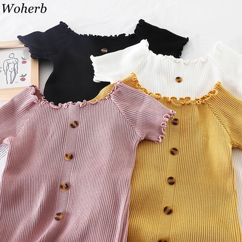 

Woherb 2019 Summer Thin Knitted Elastic T Shirt Women Sweet Ruffle T-shirts Slash Neck Ladies Tops Crop Short Sleeve Sweater