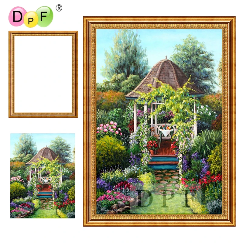 

DPF Diamond Embroidery with Frame pavilion garden 3d Diamond painting Cross Stitch full Round diamond Mosaic kit home decor