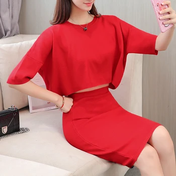 

korean fashion women casual short top & bodycon skirt 2 piece clothing set knitted suits solid skirts o neck lady outfit