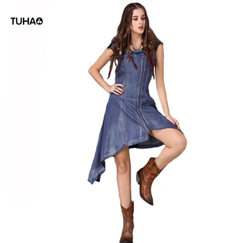 

TUHAO Asymmetrical Denim Dress Women Slash Neck Off the Shoulder Side Zipper Sleeveless High Waist Retro Summer Dresses T2088