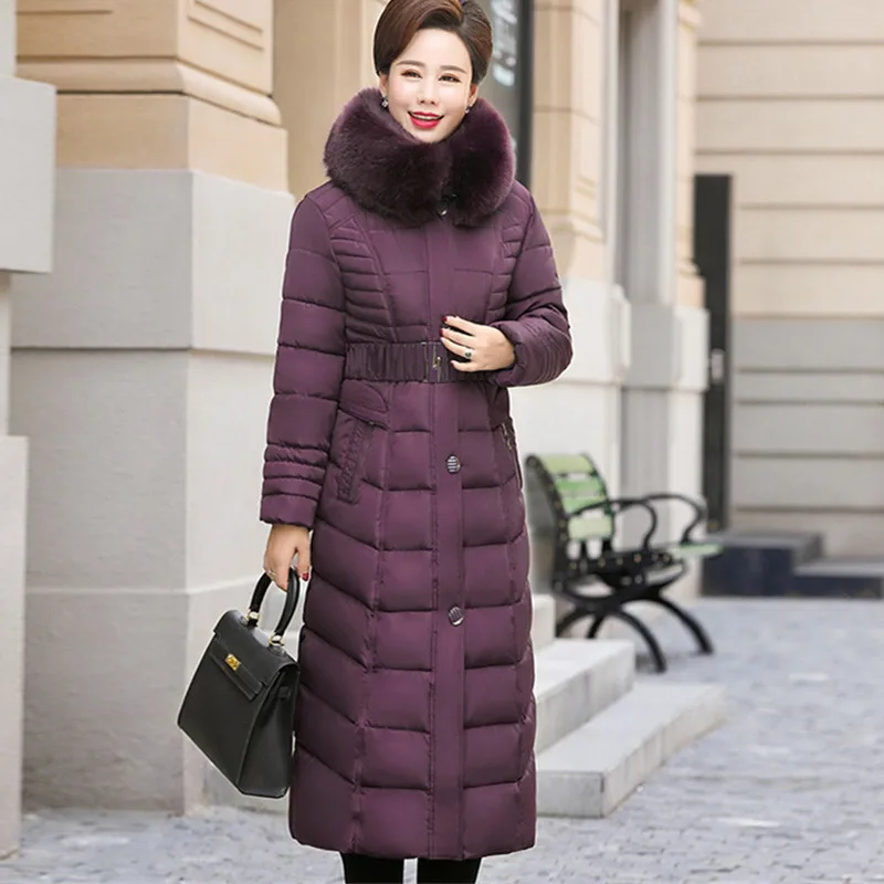 Autumn Winter Jacket Women Middle-aged X-Long Plus Size Thick Fur Collar Winter Coat Women Parkas Hooded Cotton Outerwear L-5XL