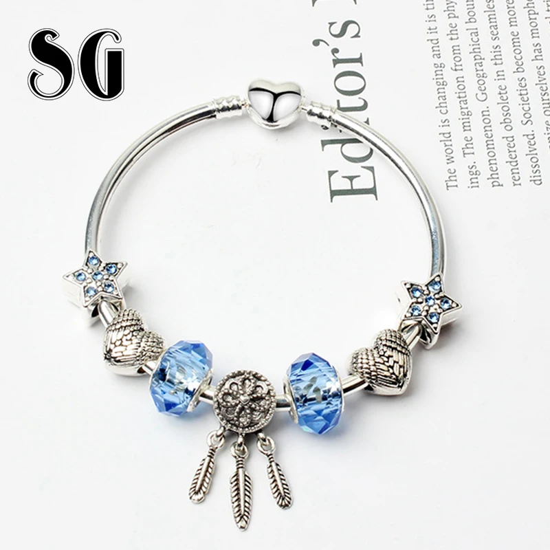 

SG Brand Blue Murano glass beads Star Dream Catcher charm Bracelet bangle Diy creative love bracelet fashion jewelry accessories