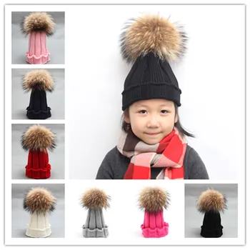 

baby caps hats Children hat autumn winter warm 15cm large raccoon real fur ball knitted wool hat Baby boy girl hat Beanies caps