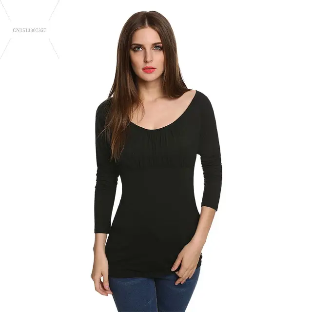 Stylish Lady Women Sexy Low Cut Wrap Long Sleeve Fitted O neck T shirt