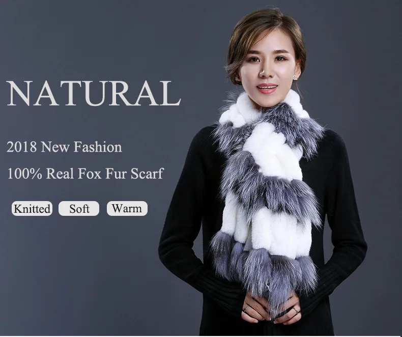 Factory Direct New Real Fur Scarves For Women Handmade Natural Rex Rabbit Fur Scarf With Sliver Fox Fur Wraps (2)