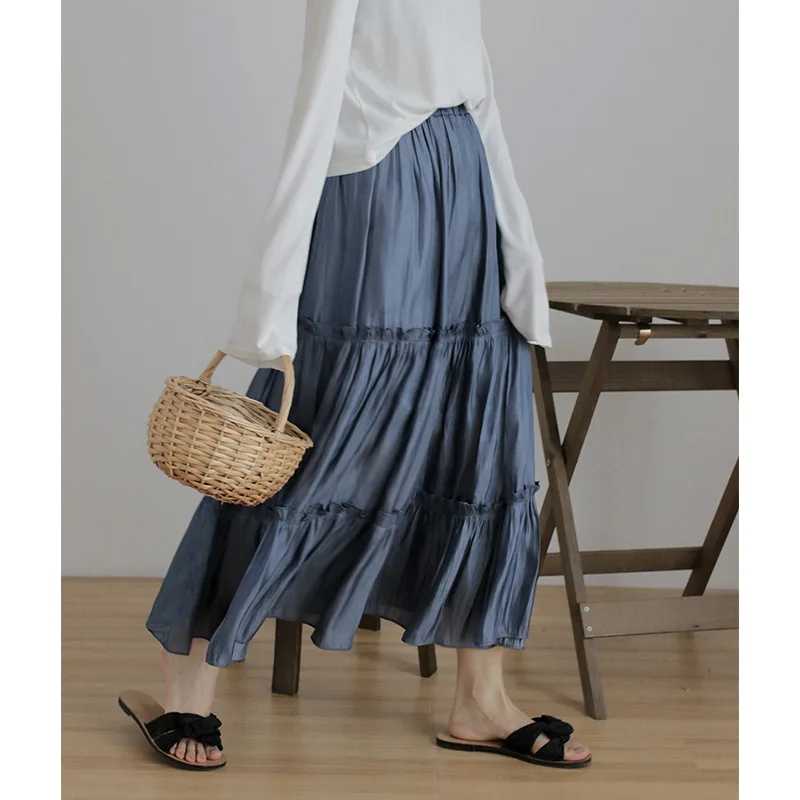 

Skirts Women Cupro Linen Cotton Long Skirts Elastic Waist Pleated Maxi Skirts Beach Boho Vintage Summer Skirts Faldas Saia