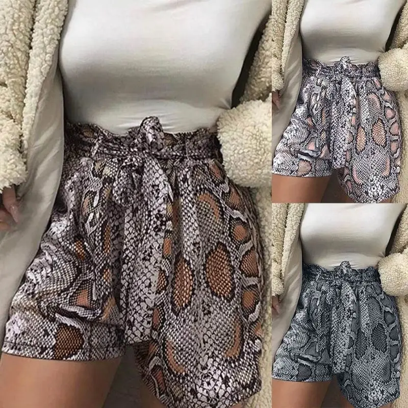 Женские Модные эластичные шорты с высокой талией Boho Винтаж змеиная кожа цифровая печать повседневные широкие сексуальные кружевные шорты