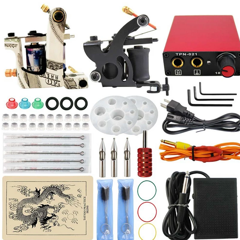 

Complete Tattoo kits Equipment Dual 2 Tattoo Machine Gun Tattoo practice skin Power Supply Cord Kit with ink holders