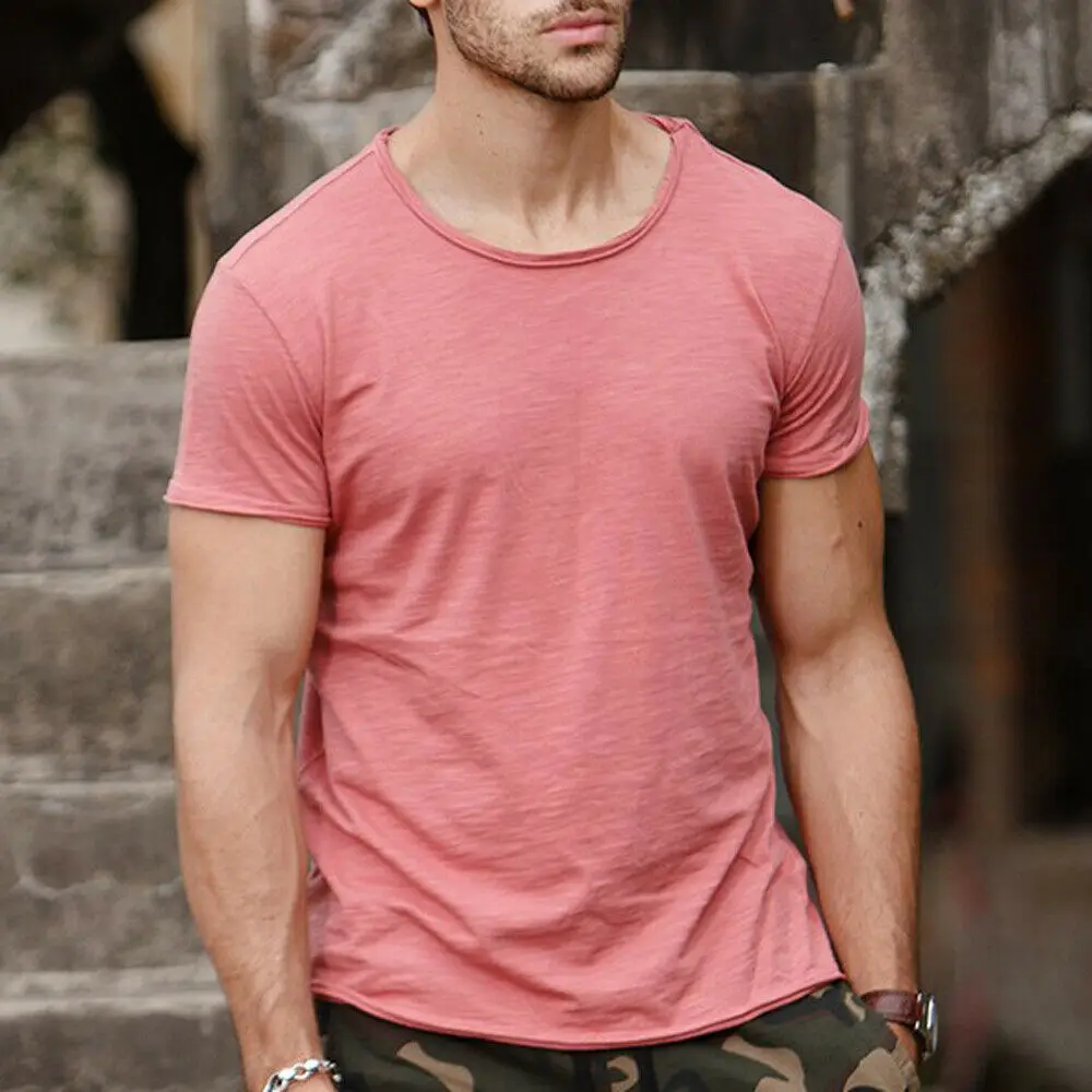 Men Summer Short Sleeve Cotton T-Shirt Slim Fit Casual Tops Crew Neck M-2XL