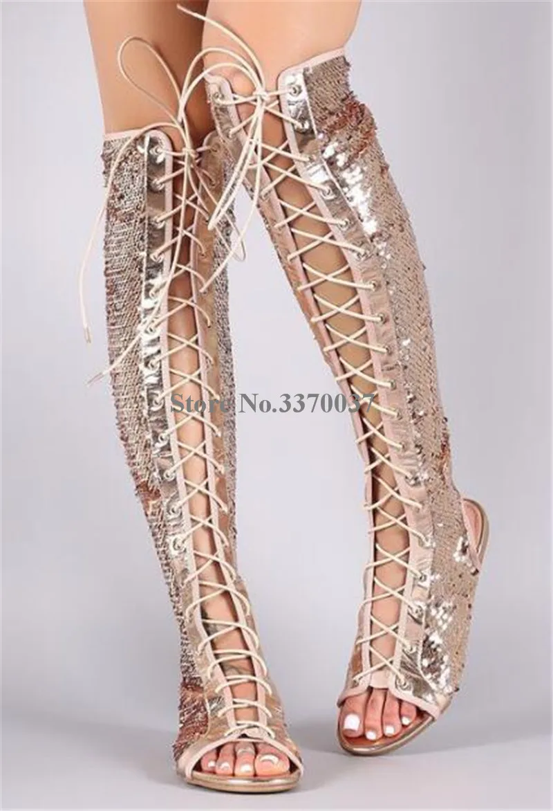 Picture Lace Gladiateur Toe Picture Bleu Noir Haute Paillettes Bling out up Bottes Genou Plat As Longues Cut Argent Femmes Or Peep Brillant as fvwtRt
