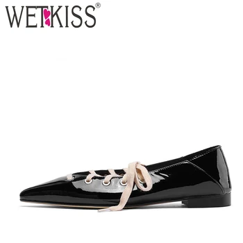 

wetkiss Patent Leather Flats Women Pointed Toe Footwear Cross Tied Shoes Fashion Casual Female Mules Shoes Woman Spring New 2019