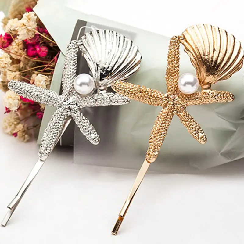 

Women Metallic Glitter One Word Hairpin Ocean Seashell Starfish Textured Hair Clip Imitation Pearl Side Bangs Styling Barrette