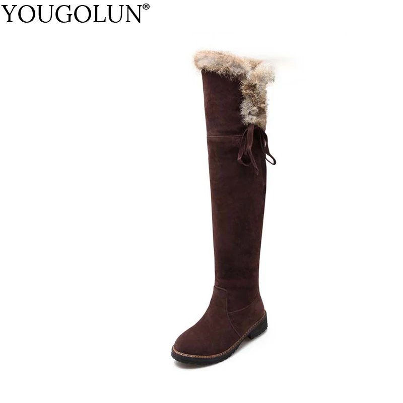 

YOUGOLUN Women Snow Boots New Arrived 2018 Winter Thigh High Over Knee Cross Strap Ladies Low Square Heel Fur Long Plush #N-371
