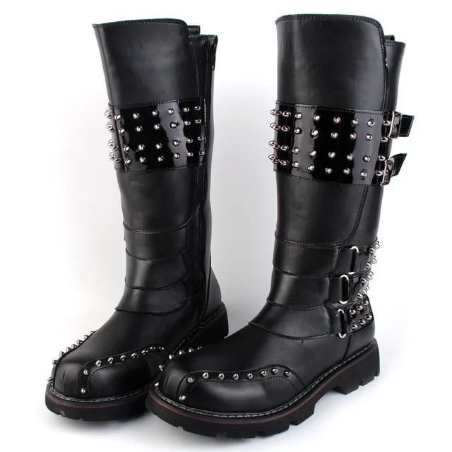 Punk Men’s Spring Autumn Heavy Metal Rock Rivet Round Toe Long Boots