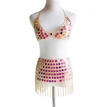 

Dazzling Holographic Acrylic Sequins Tank Top Golden Chain Tassel Mini Skirts 2 Two Piece Sets Sexy Women Festival Rave Outfits