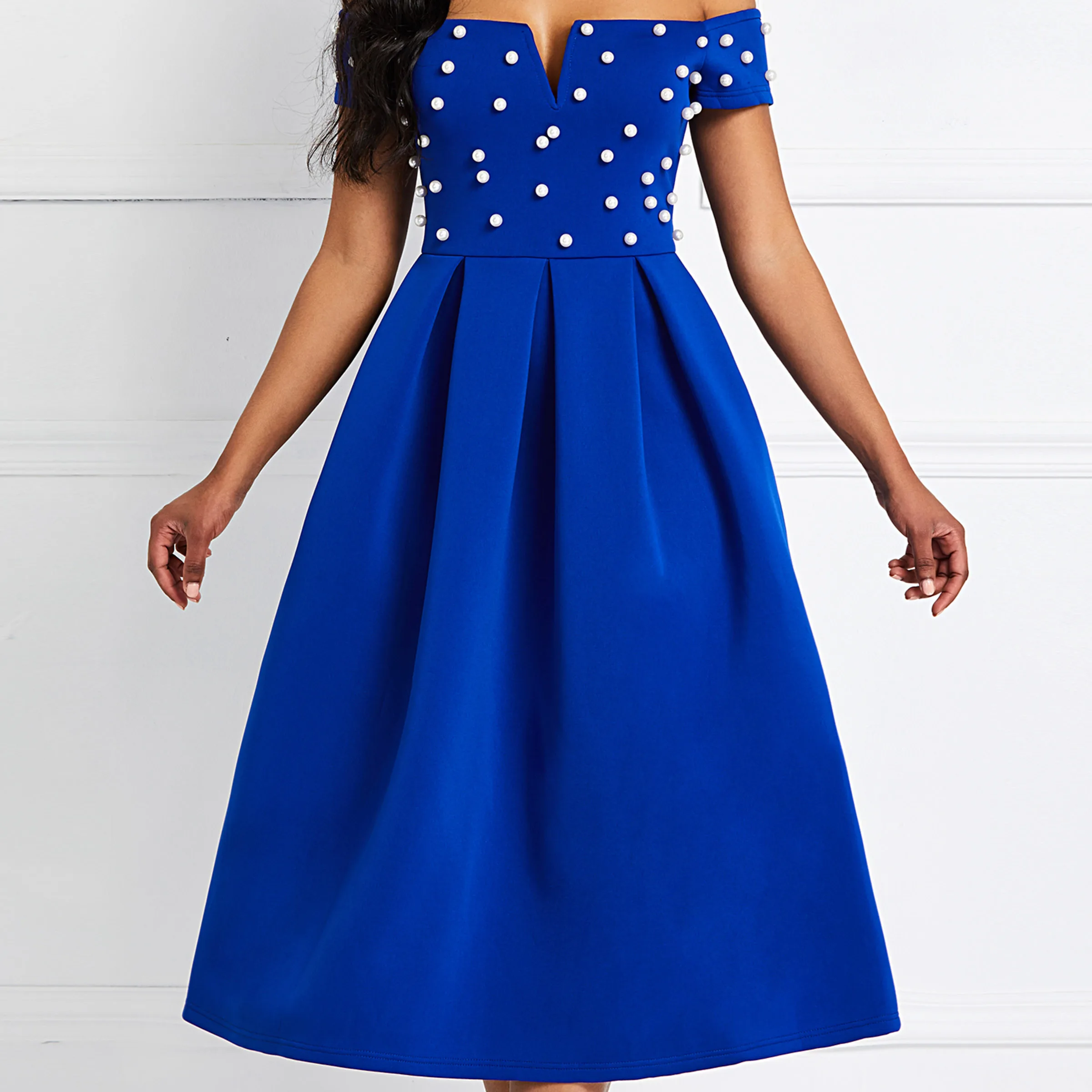 Сексуальные Клубные вечерние элегантные женские уличные осенние женские платья синего размера плюс с открытыми плечами, украшенные бисером, женское модное жемчужное платье