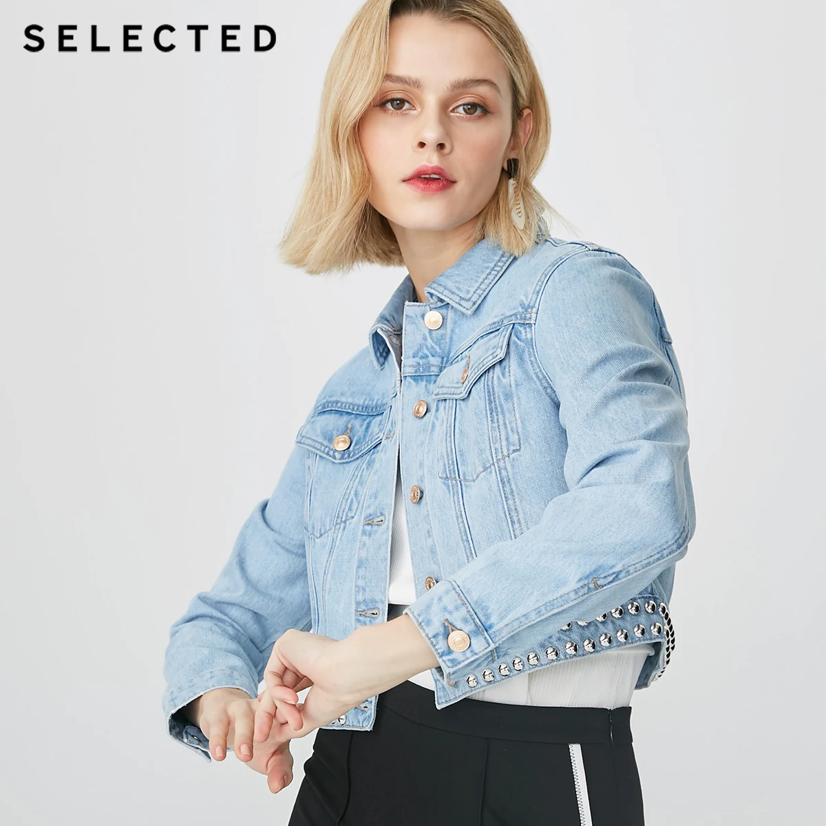 wonderful SELECTED Women's 100% Cotton Rivet Short Denim Jacket C419157502