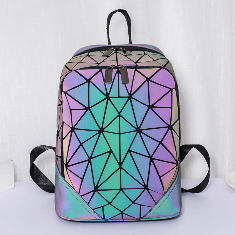 

Rainbow Geometric Irregular Triangle Patchwork Laser Luminous Hologram PU Teenagers School bag Girl Folding Mini Women Backpack