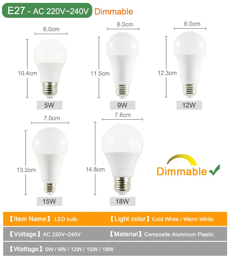 Kaguyahime 10 шт. Светодиодная лампа с регулировкой Композитный алюминий E14 220 V светодиодный свет E27 лампа 3 Вт, 5 Вт, 6 Вт, 9 Вт, 12 Вт, 15 Вт, 18 Вт, лампада