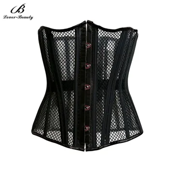 

Lover Beauty Sexy Black Mesh Hollow Corset Steel Boned Bustiers Back Lace Up Shapewear Steampunk Underburst Waist Cincher-C