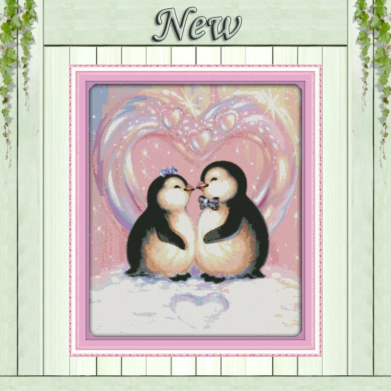 The Love Of Penguins Kiss Snowy Painting Counted Printed On Fabric 14ct
