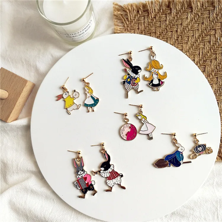 

5style fairy tales cute Bunny rabbit and girls stud earring enamel pumpkin carriage clock Alice asymmetric cartoon earring gift