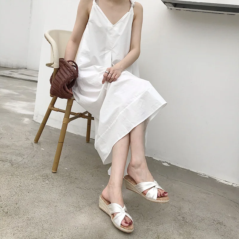 

Slippers Outside Female Summer 2019 Clogs Platform Wedge Heel Cotton Fabric Med Ladies Modis Leather Water Rubber Slides