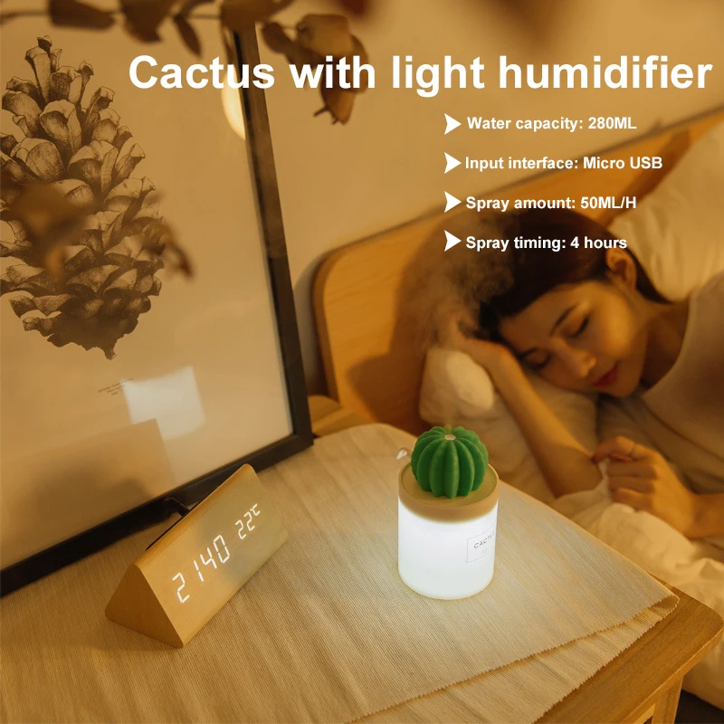 Ultrasonic Humidifier Aroma Diffuser Creative Cactus 280ML Moisture Dry-Fire Protection Bedroom Home Decoration |