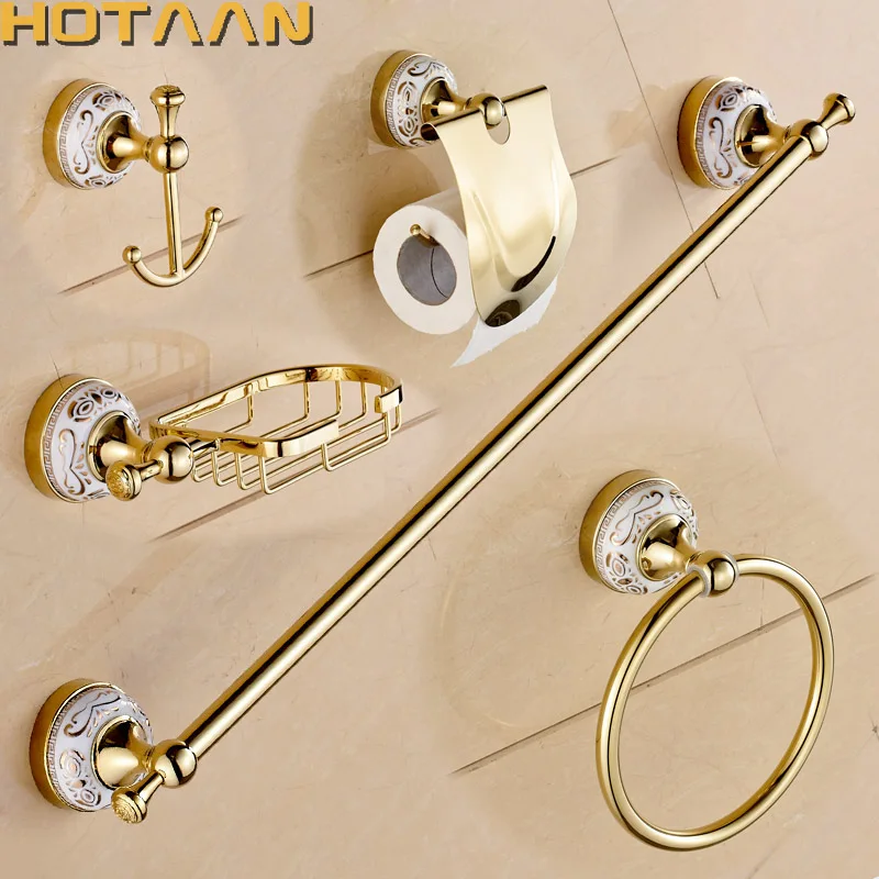 

HOTAAN Stainless steel Bathroom Accessories Set,Robe hook,Paper Holder,Towel Bar,Soap Basket,gold bathroom sets,HT-810200-5
