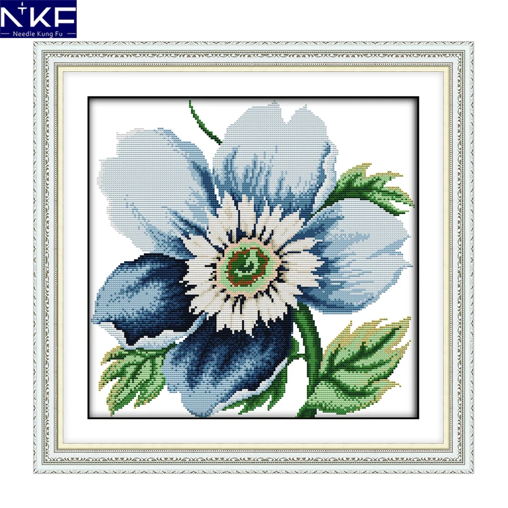 

NKF Blue Flowers Stamped Cross Stitch Patterns 11CT14CT DIY Kits Needlework Embroidery Chinese Cross Stitch Sets for Home Decor