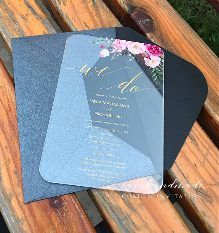  Customized Clear Acrylic Floral wedding invitation Cards with Gold Printing - 32867044821