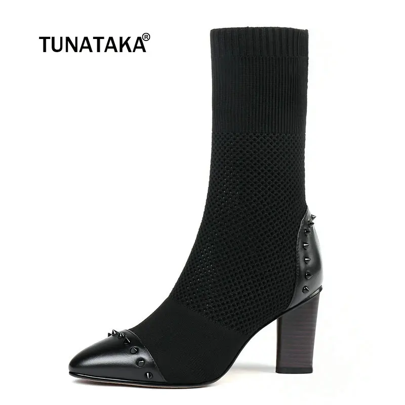 

Women Genuine Leather Square Heel Ankle Sock Boots Fashion Rivet Pointed Toe Spring Autumn Bootie Black Beige