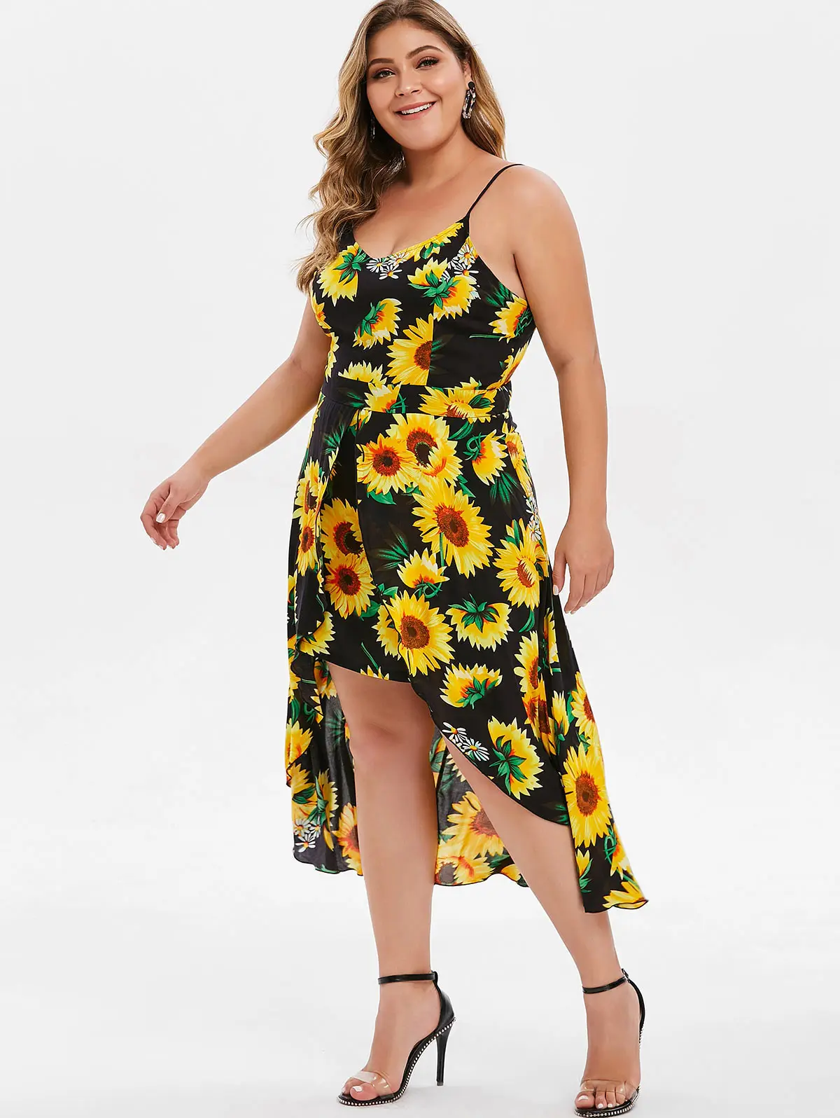 Wipalo Women Plus Size Sunflower Printed Cami Maxi Dress Split High Low ...