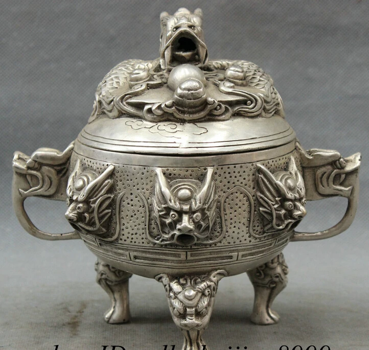 

JP S0608 Folk Chinese Silver Buddhism Dragon Head Statue Brass Lion Incense Burner Censer Discount 35%