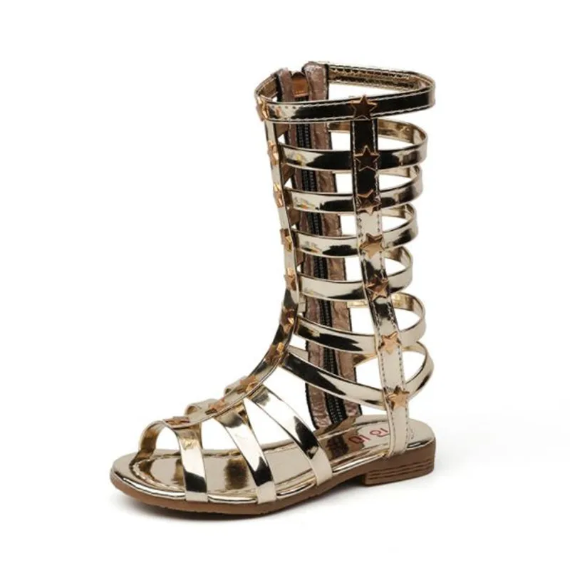 HaoChengJiaDe Girls Gladiator Sandals Boots Scrub Leather Summer Black ...