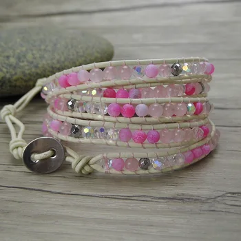 

Pink wrap bracelet boh bead leather wrap bracelet yoga leather wrap bracelet yoga jewelry bohemian